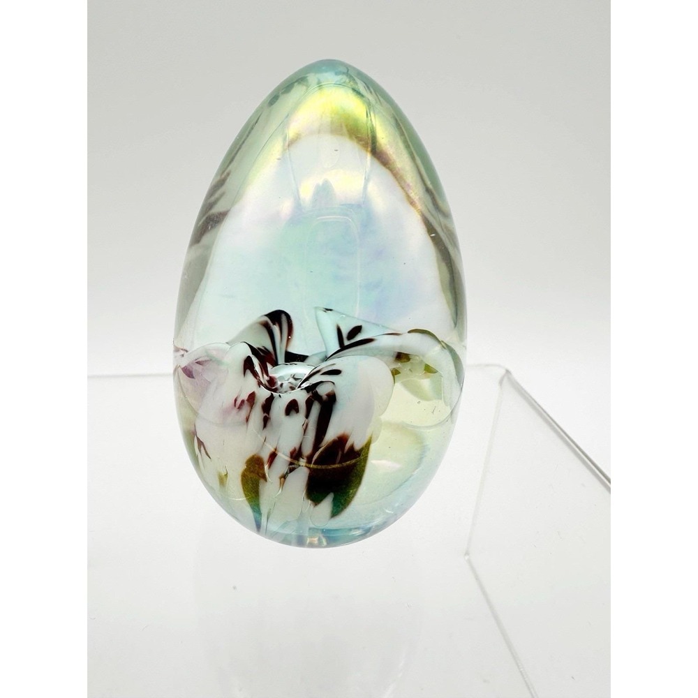 Vtg 1987 Mount St. Helens Ash Glass Egg Paperweight Signed MSH Purple Flower - Picture 3 of 8